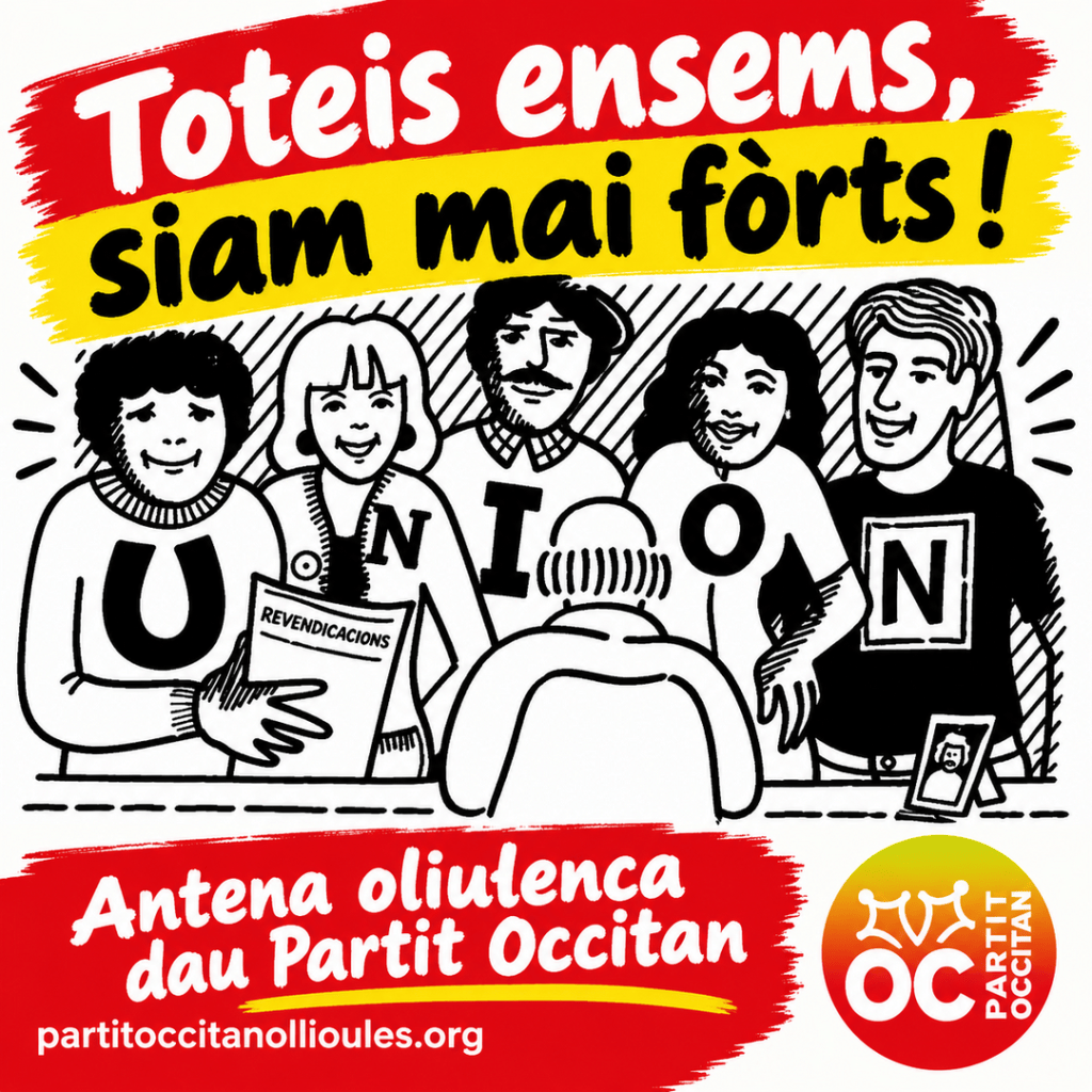 Toteis ensemps, siam mai fòrts ! / Tous et toutes ensemble, nous sommes plus forts ! (visuel du Partit Occitan d'Ollioules)